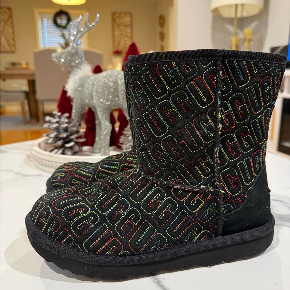 UGG Black Boots with Colorful Logo Pattern